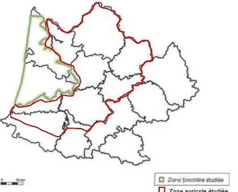 Figure 10 : Zone forestière et zone agricole étudiées lors du suivi de l’hivernage des  pigeons ramiers dans le sud-ouest de la France (1999-2004) (Lanusse et al., 2006)