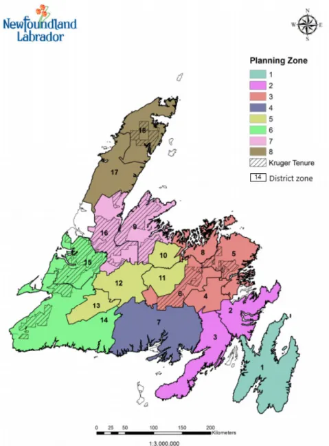 Figure 1.3. Représentation des unités de district (18 unités), des unités de planification (8 unités)  et les tenures de CBPPL (Kruger) pour l’île de Terre-Neuve tirée et adaptée du document de la  stratégie d’aménagement durable des forêts 2014-2024  (Gov