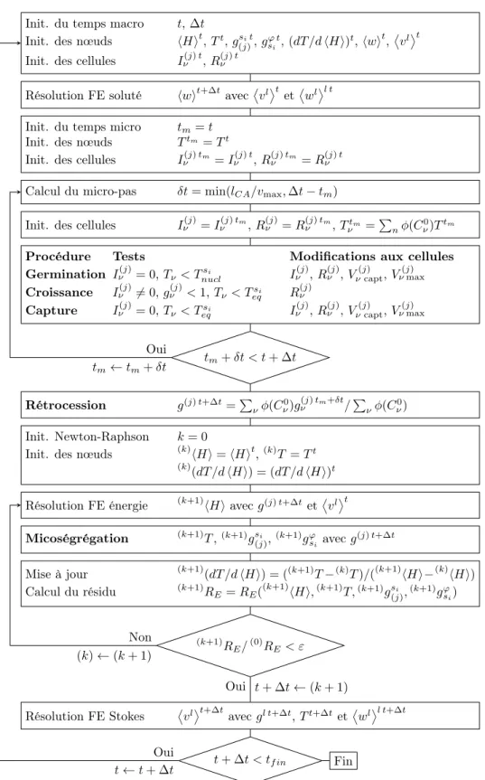 Figure II.12 Algorithme de couplage itératif explicite en énergie CA-FE. L'indice ν indique une grandeur aux cellules, tandis que l'absence d'indice indique une valeur aux n÷uds du maillage.