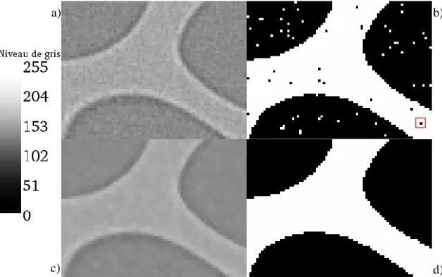Figure  2.3.  Intérêt  du  filtre  médian.  a)  Image  initiale.  b)  Image  initiale  binarisée