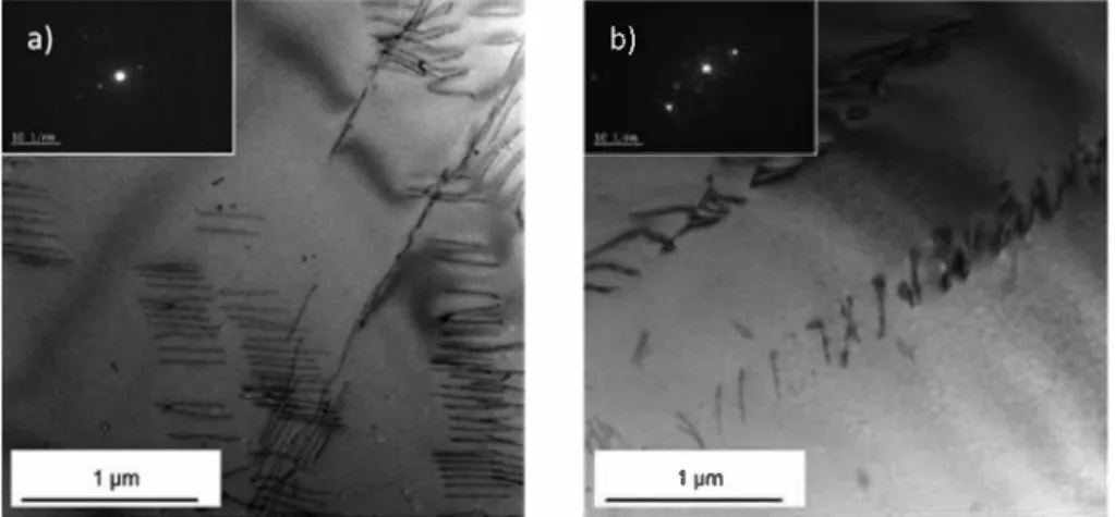 Fig. 4.  TEM micrographs showing dislocation pileups: g  =  1010  B- [1213] in Ti6-4 alloy a) as received b) after thermal treatment 6 h at 450 °C