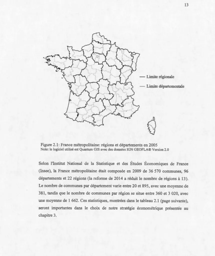 Figure 2.1:  France  métropolitaine:  régions et  départements  en 2005  Note:  le  logiciel  utilisé  est Quantum  GIS avec  des données  lGN  GEOFLA ®  Version 2 