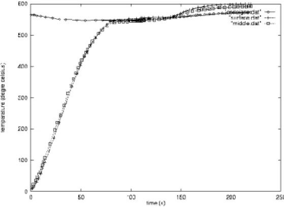Fig. 3.7 { Courbes d' evolution de la temp erature en di erents points du lopin de mati ere au cours du r echauage