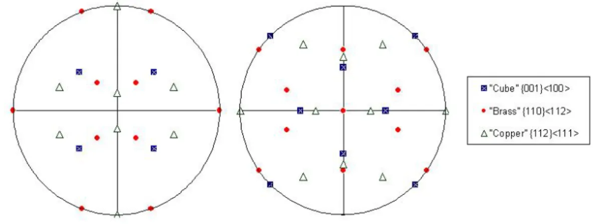 Fig. 6.2: 111 and 100 pole figures showing typical texture components that might appear during rolling
