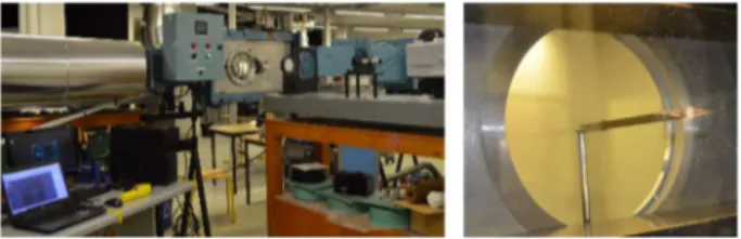 Figure 3 - (left) global view of the wind tunnel and  Schlieren test bench, (right) detailed view of the wind 