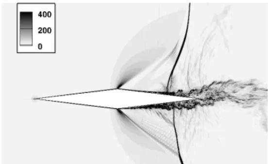 Figure 9 – Instantaneous iso contours of density  gradient at two instants, showing the shock wave 