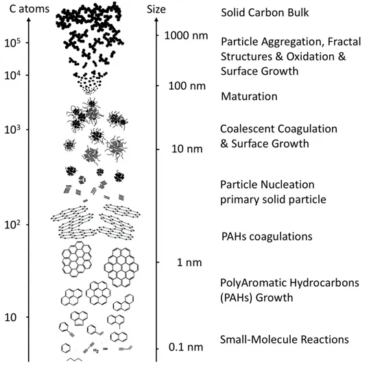 Figure 2.24 – Chronologie de la formation de particules de carbone solide au cours de la d´ ecomposition