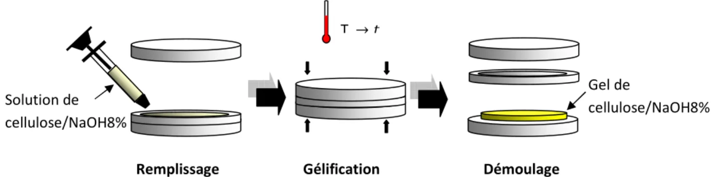 Figure III-1. Méthode de préparation de pastille cylindrique de gel de cellulose/NaOH8% pour l’étude  de cinétique de régénération