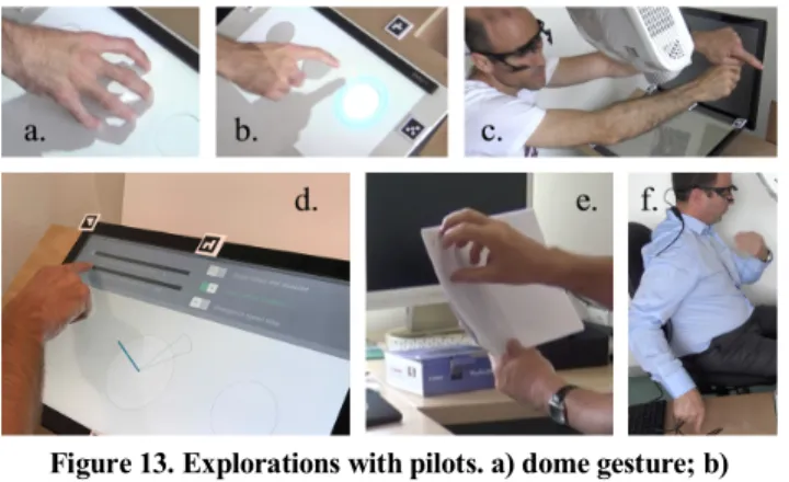 Figure 13. Explorations with pilots. a) dome gesture; b)  feedback before flattening a button; c) FCU controls in visual 