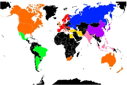 Figure 4.1: Geographical distribution of the 40 selected countries. Color code groups countries into 7 sets: orange (OC) for English speaking countries, blue (BC) for former Soviet union ones, red (RC) for European ones, green (GC) for Latin American ones,