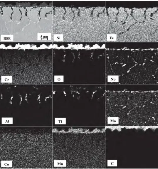Fig. 11. EDS cartography analysis of a P600-ground EBM sample oxidized for 1000 h at 850 °C in static lab air.