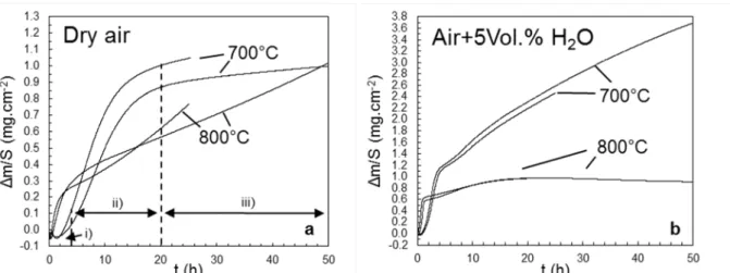 Fig. 2 for tests at 700 °C, while scales are much thicker in humid air than in dry air for similar mass  gains at 800 °C