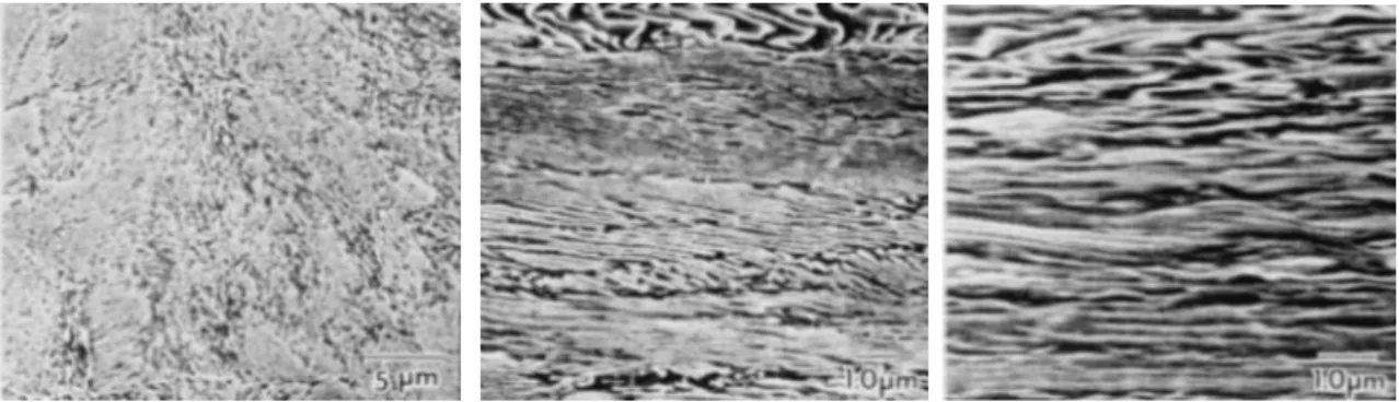 Figure 16: SEM longitudinal micrographs showing microstructural changes with drawing strain for an  eutectoid steel – (a)  = 0, (b)  = 0.91, (c)  = 2.32 [11] 