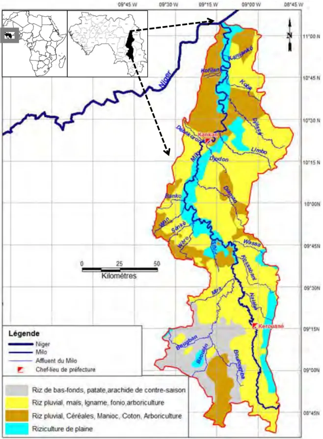 Figure 8 : Zones agricoles dans le bassin versant de la rivière Milo. Source : CERE/SENASOL 