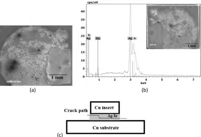 Fig. 11. Analysis of the fracture faces of the Cu-Cu assemblies performed using Ag-In TLPB with In preform