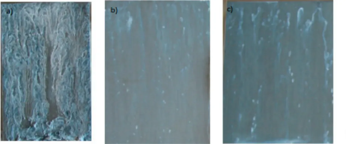 Figure 4. Salt spray test performed on (a) phosphated zinc for 24 h; (b) phosphated zinc + TEOS/MAP coating after 96 h; and (c) phosphated zinc + GPTMS/ASB coating after 96 h.