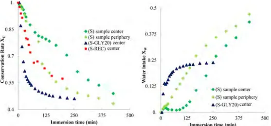 Figure 4. Evolution of the conservation rate X C and of the amount of water uptake X W as a function of immersion time for the central spot