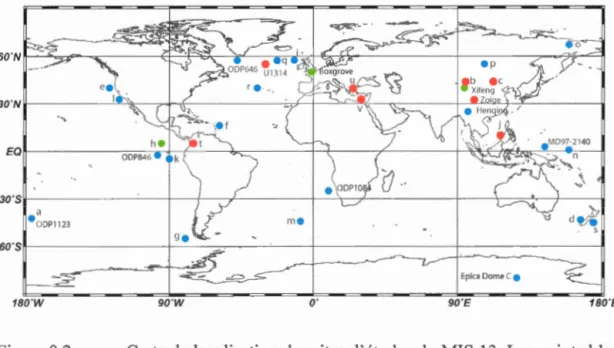 Figure 0.2  Carte  de loca lisation  des  sites d ' études du  MIS  13.  Les points  bl eus  représentent  des  conditions  p aléoclimatiques  ou  paléocéano gra phiques  plus  froid es  qu 'à  l' actuel,  les  p oints  rouges  plu s  chaudes  et  les  po 