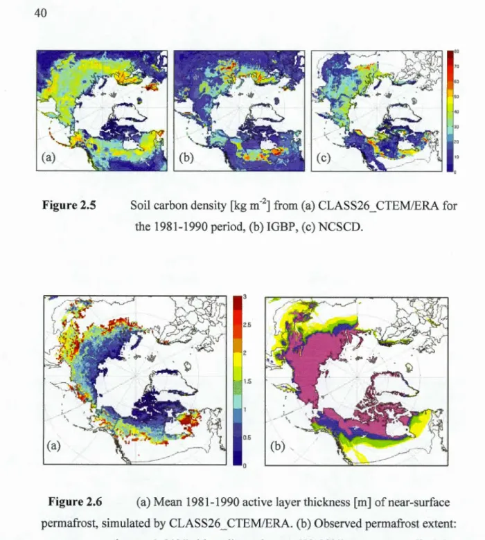 Figure  2.5  Soil carbon  density  [kg m- 2 ]  from  (a)  CLASS26_CTEM / ERA for  the  1981-1990 period ,  (b)  IGBP ,  (c)  NCSCD 