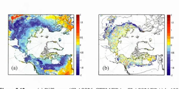 Figure 2 . 12  (a)  Difference (CLASS26_CTEM / ERA- CLASS26/ERA) in  1981 - -2010 summer temperature [K] ofthe first  soi]  layer