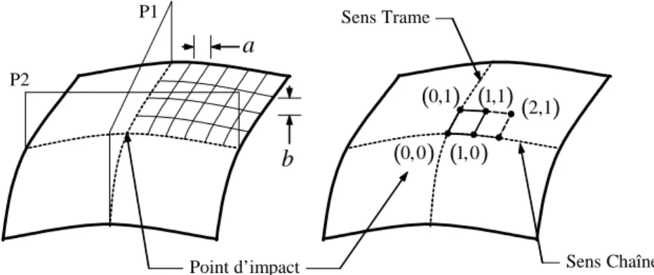 Fig. 1.5: Illustration de l’algorithme du …let : (a) exemple de grille dé…nie par le tissu, (b) construction d’un élément sur une surface paramétrique.