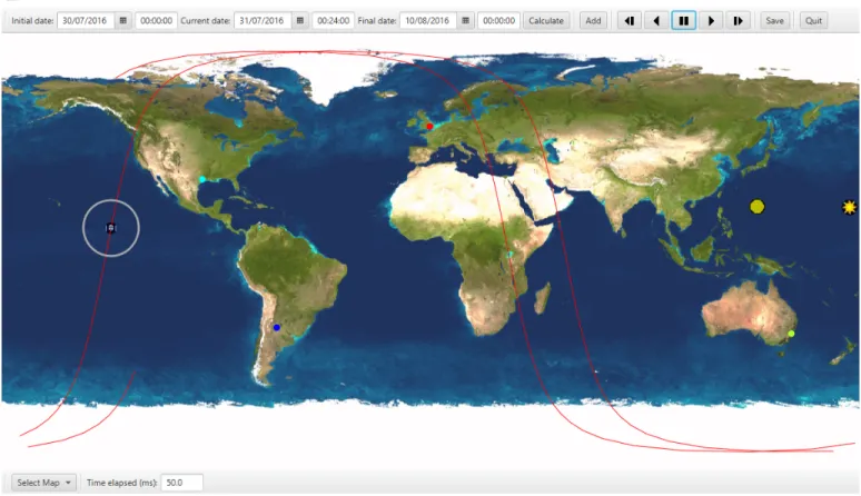Figure 3. JavaFX JSatOrb’s example view. We can see ground stations located in London, Cordoba, Houston, and Sydney