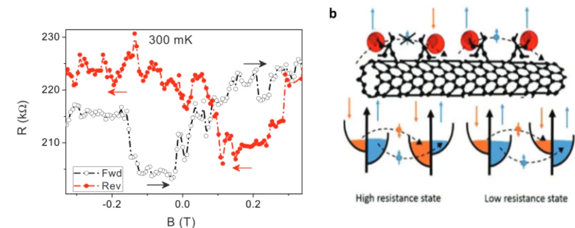 Figure 6.   Spin switching behavior. (a) Magneto-resistance switching for the Gd-functionalized MWNT device  showing symmetric switching within ±200 mT with respect to forward and reverse field sweeps similar to  non-local spin valve behavior