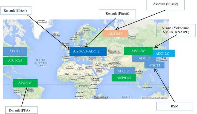 Figure 1 : Cartographie mondiale des nuances Al-Si-Cu utilisées en HPDC (Renault et/ou alliances) 