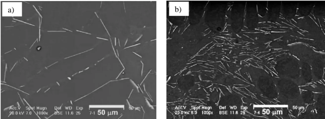 Figure 5 : Image électroniques d’échantillons d’alliages Al-Si : a) à 4,5% de Si ; b) à 11% de Si [13] 