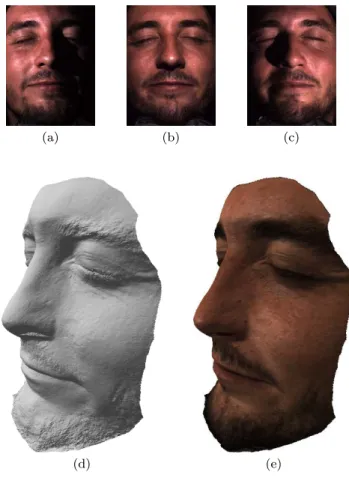 Fig. 19 (a-b-c) Three images (out of m = 8) of a face. (d) Estimated shape. (e) Colored model