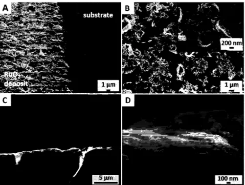 Fig. 2.  SEM observation of the Kapton ™ /fi/Au/Ru0 2  electrode. (A) Tilted view of the Ru0 2 /substrate interface