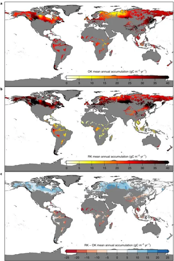 Fig. 3 | Spatial analysis of the overall carbon sink. a, Gridded spatial distribution of the annual carbon sink based on kriging of observations over the 