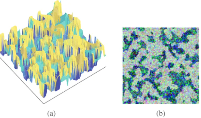 Fig. 1: SIM1: (a) Synthetic DSM. (b) Color composition of the synthetic hyperspectral data.