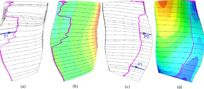 Fig. 4 (a) and (c): Friction lines at suction (a) and pressure (c) sides. The grey regions show where | β 0 | &gt; π/2.