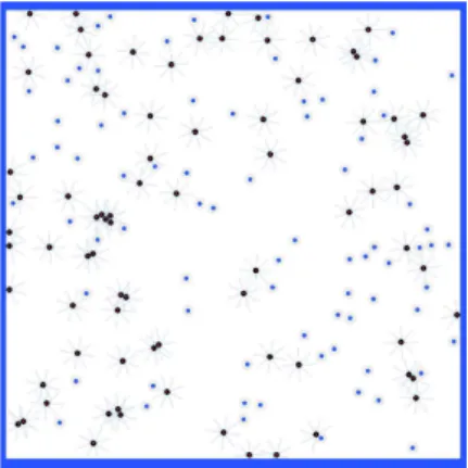 Fig. 1. Simulated environment: enclosed square arena containing a swarm of robots and items (black and blue circles)