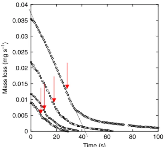 Fig. 9 Mass loss during the evaporation of DCM drops with 0.5 mmol l −1 CTAB in a 7 cm Petri dish