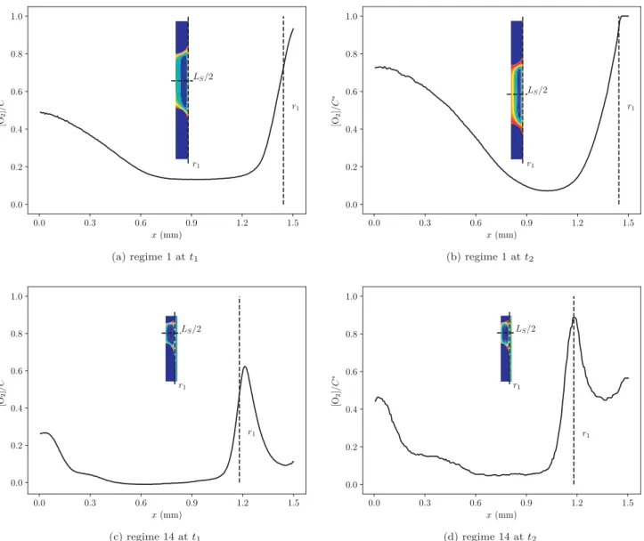 Fig.  12. Radial profiles of [O  2  ]/ C  ∗ in  the centre of the slug from x = 0 to 1.5 mm with the corresponding concentration field inset.