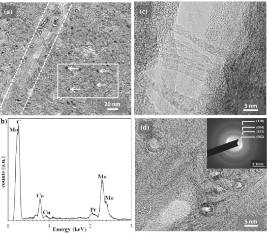 Figure 11 TEM images of the 4W1500 monolith thin foil showing a bundles of 4WCNT (between the dashed lines) and nanometric particles (dark contrasts arrowed in the boxed area); b EDS pattern of the corresponding area; c and d HRTEM images showing reveal po