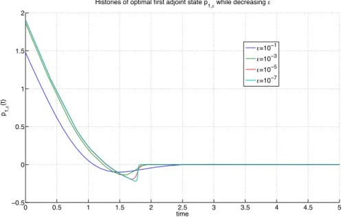 Figure 4.3: Optimal adjoint states p 1 (t) for ε = 10 −7 (indirect method).