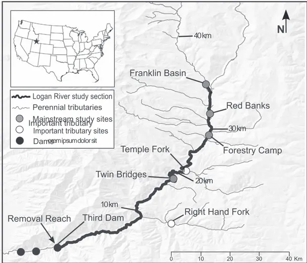 Fig. 1. Section of the Logan River in northern Utah, USA, considered in this study. The section of the Logan River which is considered in this study (thick line) includes the mainstem river which is upstream the most upstream barrier in the river (Third da