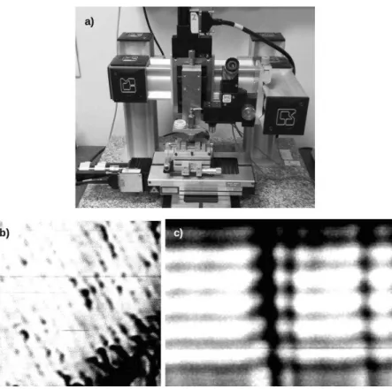 Figure 2 : a) Acoustic microscope ; b) Acoustic imaging of face-on sheet nacre sample (482 MHz, at z = 0  µm) and c) Acoustic micrograph of its sub-surface revealing the stacked structure 