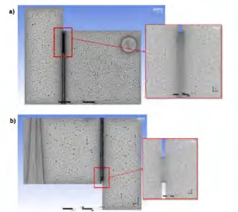 Figure 2.14 : maillage hybride ; a) coupe dans le plan vertical médian de l’ouverture ; b) coupe dans  le plan horizontal médian de l’ouverture 