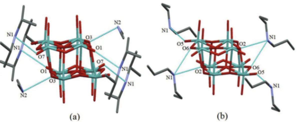 Fig. 3. View of the interactions between b-[Mo8O26] 4- anion and the cations located outside the fundamental site: a) compound (1) and b) compound (2)