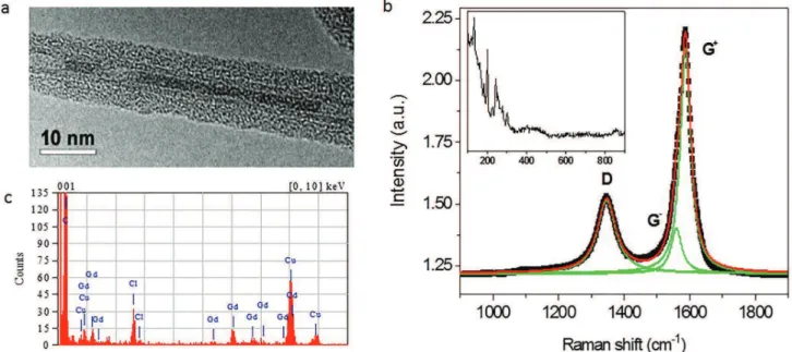 FIG. 1. (a) HRTEM image of GdCl 3 @MWNTs showing rod like structures inside the innermost tube; (b) the Raman spectrum of the GdCl 3 @MWNT, as can