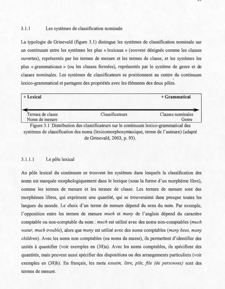 Figure 3 . 1 Distribution des classificateurs sur le continuum lexico-grammatical des  systèmes de  classification des  noms  (lexicomorphosyntaxique ,  tem1e de l'auteure) (adapté 