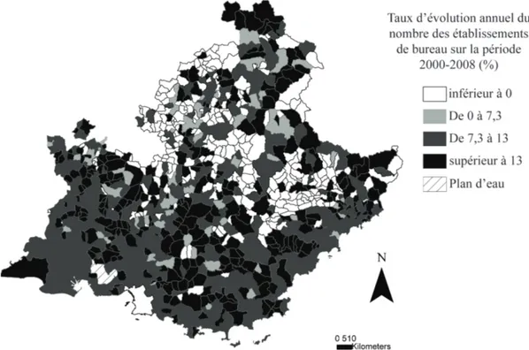 Figure IV.4.2 - Taux d’évolution des établissements du sous-secteur bureau sur la période 2000-2008 – 