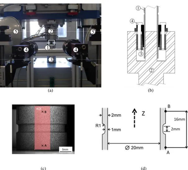 Fig.  I-4  (a)  Photograph  of  the  experimental  setup  showing  1-specimen,  2-axial/torsion  load  cell,  3-piston,  4- 4-cameras, 5-lighting, (b) clamping device (c) left camera view of the specimen  with DIC area of interest (AOI)  highlighted, (d) s