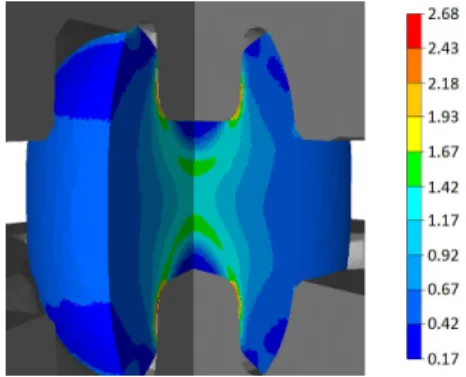 Figure 2.7 – Déformation équivalente du triaxe en milieu de simulation après une course de 40 mm de l’outil