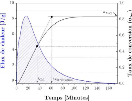 Figure III-2 : Flux de chaleur de l'adhésif modèle placé à 50 °C ( — ) et le calcul du taux de conversion en 