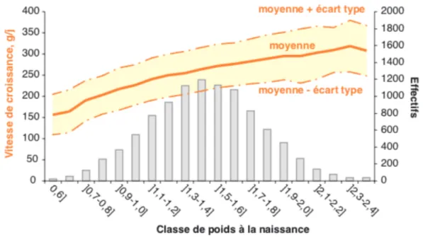 Figure 14 : Évolution du poids moyen au sevrage et en post-sevrage en fonction du poids de naissance  chez le porc (Source : Quiniou et al., 2001) 